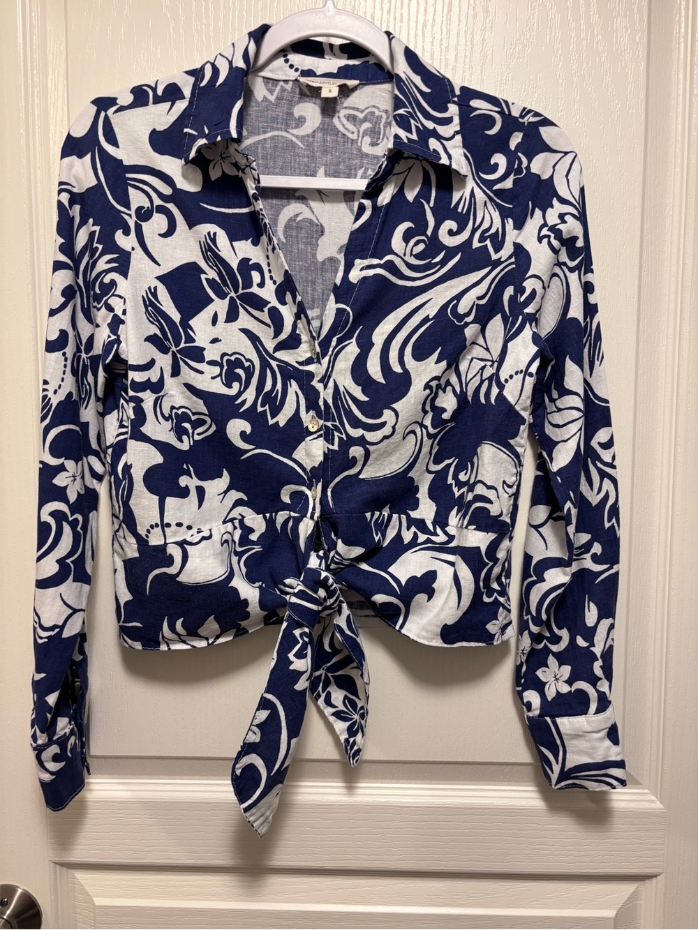 Christian Siriano linen blend tie front button up blouse size M blue white